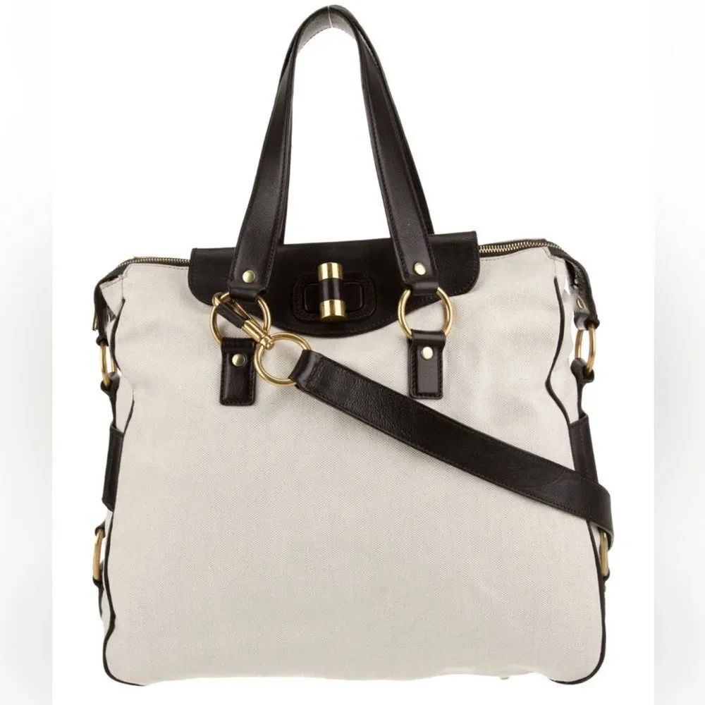 Yvette Saint Laurent Rive Gauche Muse Two Canvas and Leather Tote